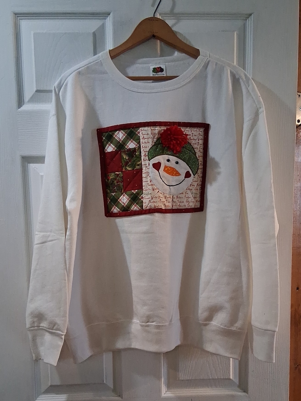 Fruit of the Loom White Sweatshirt with Festive Hand Quilted Snowman Patch